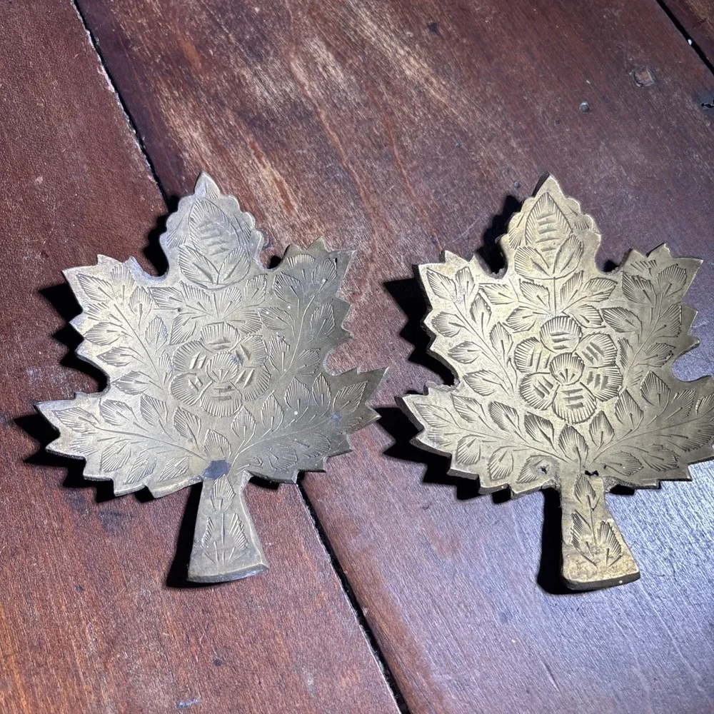 Vintage Solid Brass Maple Leaf Ashtray/Trinket Dish Lot Of Two